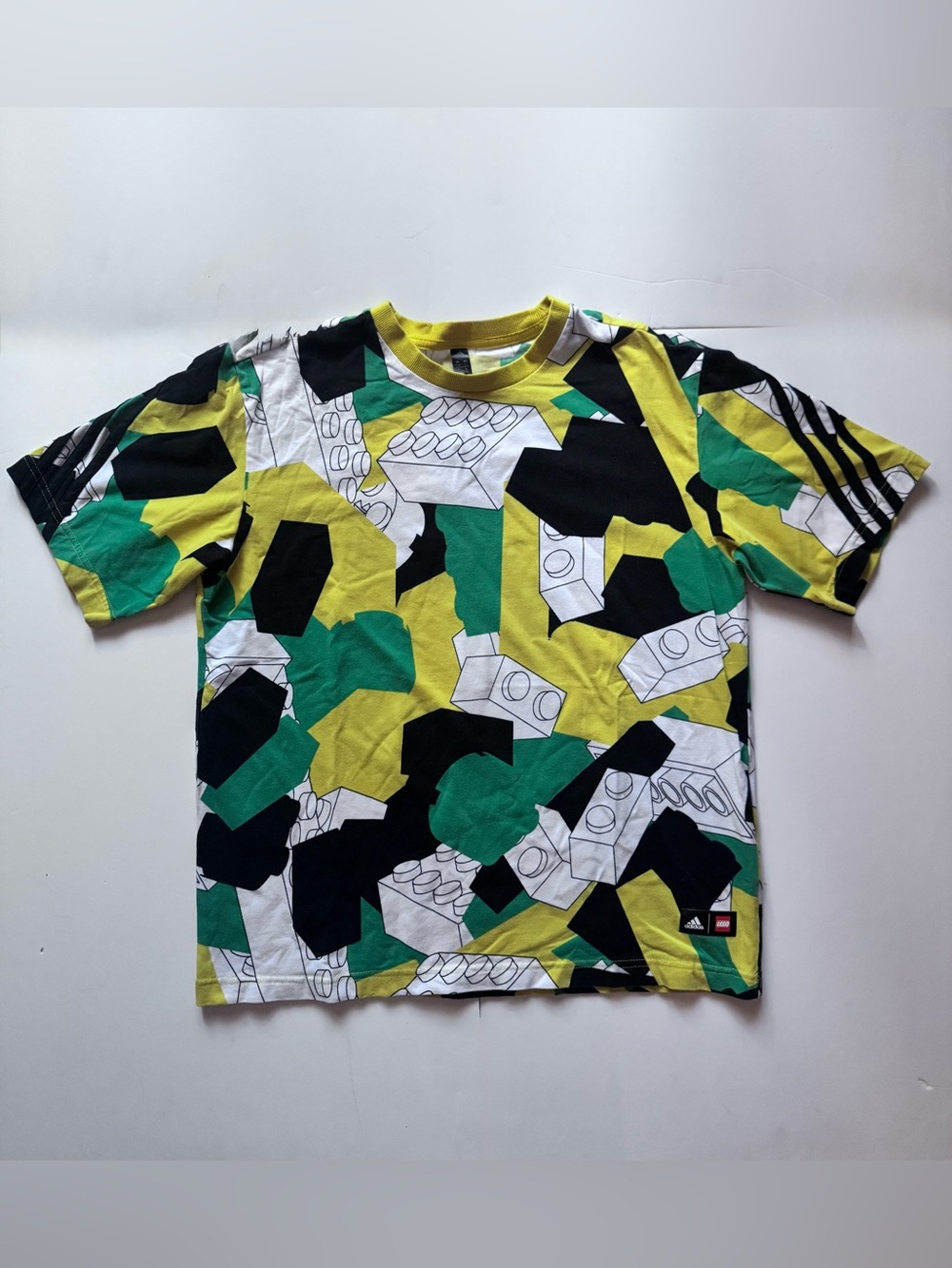 Adidas X Lego  Yellow Green Black Brick-Print Short Sleeve Tee in Sz L in GUC